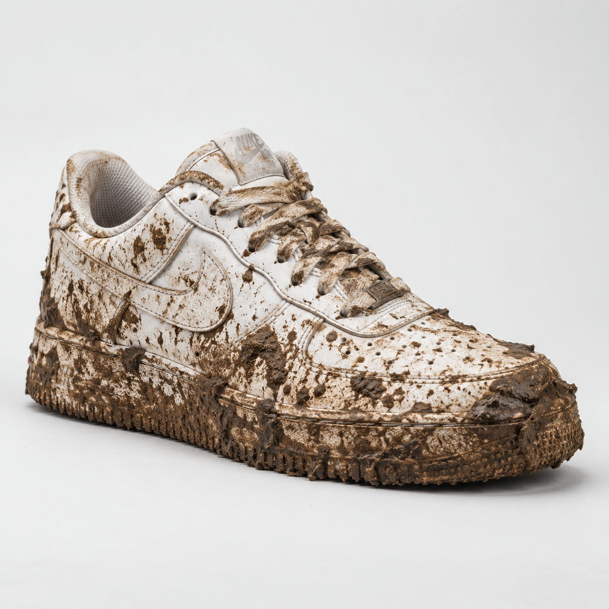 Zapatilla blanca cubierta de barro antes del lavado